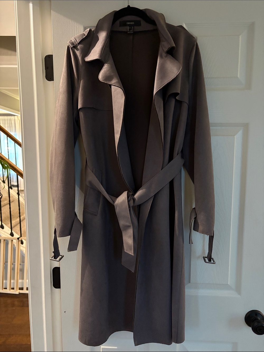 Forever 21 Gray Draped Trench with Tie Waist